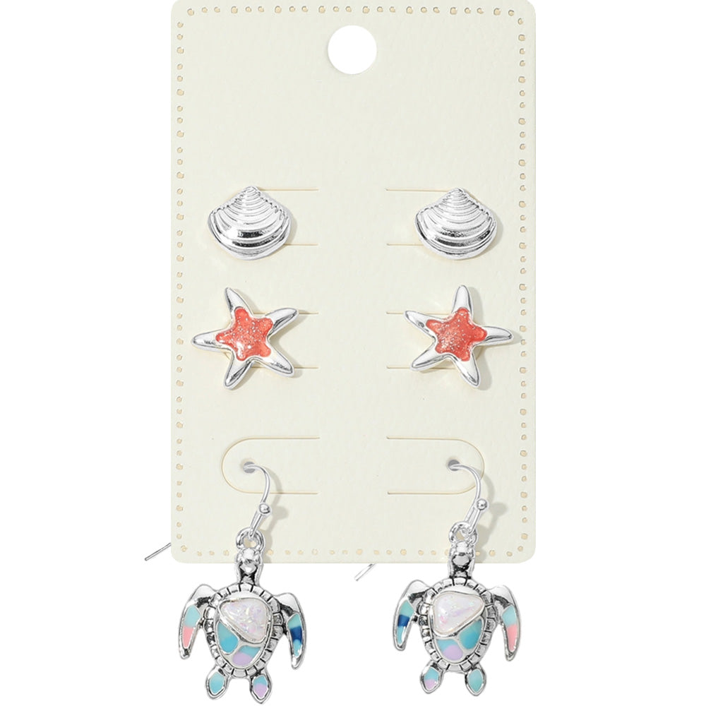 Antique Silver, Multi 3Pairs - Metal Shell Enamel Starfish Stud Sea Turtle Dangle Earring Set