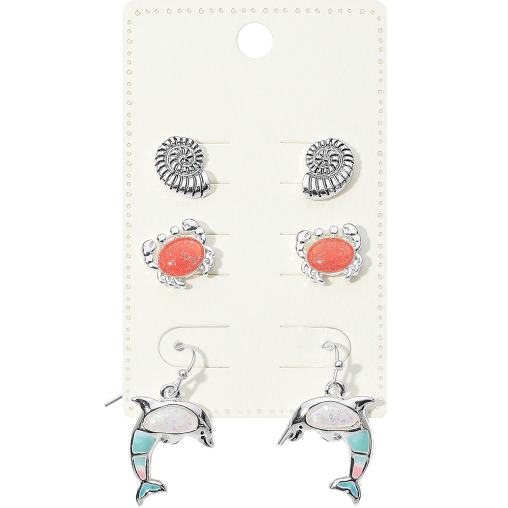 Madeline Love Antique Silver, Multi 3Pairs - Metal Shell Enamel Crab Stud Dangle Earring Set - Earrings