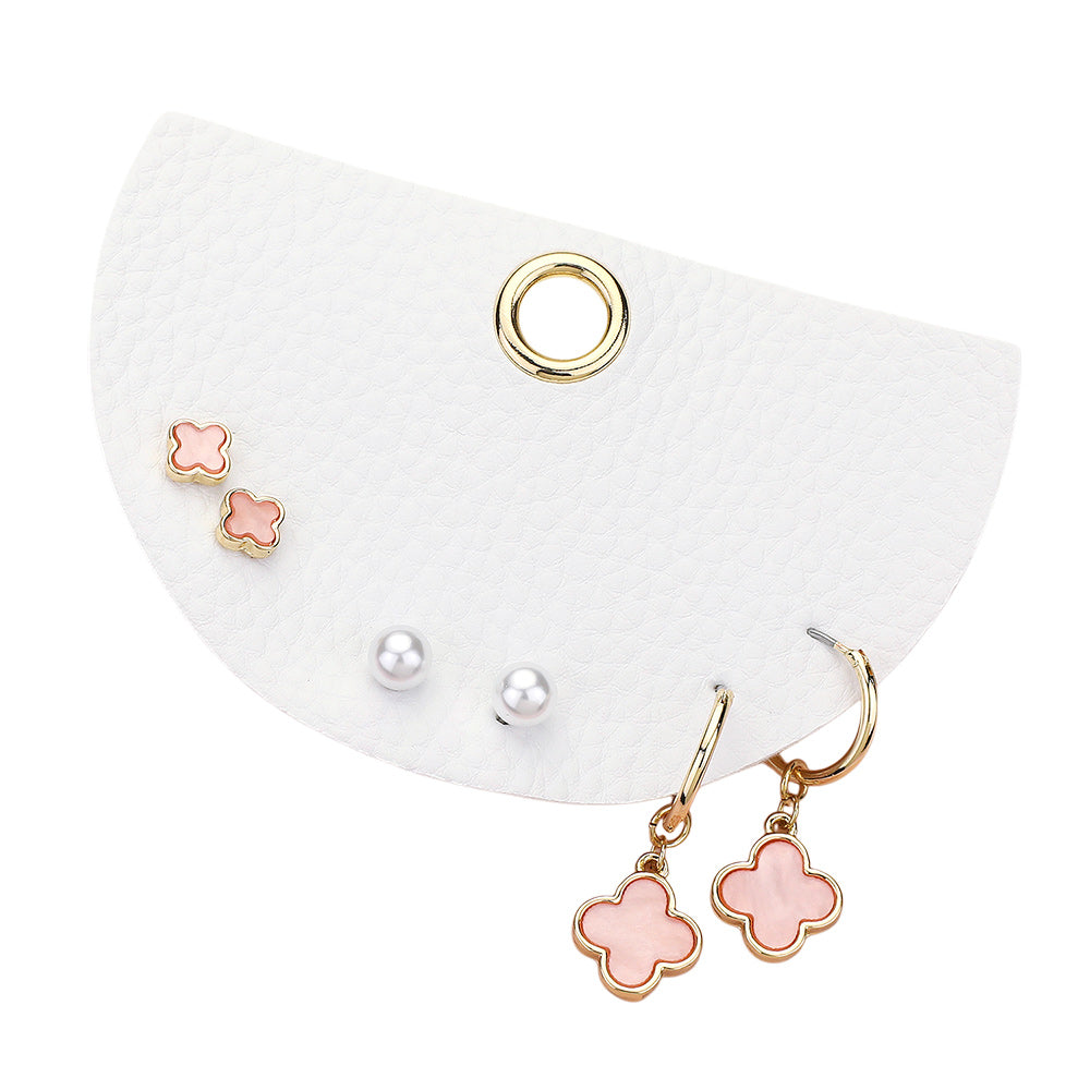 Madeline Love Gold, Pink 3Pairs - Quatrefoil Pearl Stud Quatrefoil Dangle Earring Set - Earrings - desc