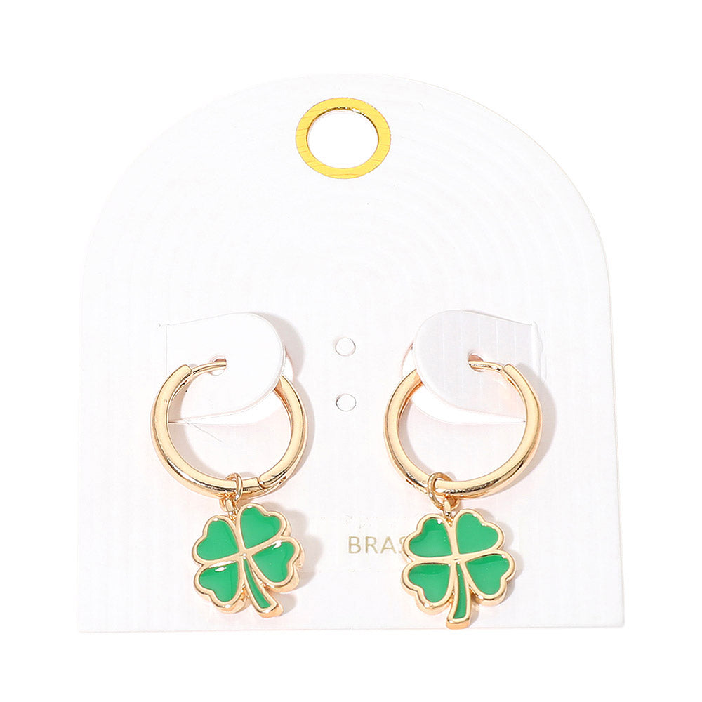 Madeline Love Gold, Green Clover Charm Drop Mini Huggie Hoop Earrings - desc