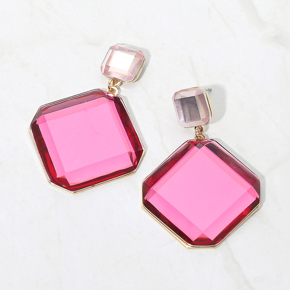 Madeline Love Fuchsia Bold Geometric Faceted Square Drop Dangle Statement Earrings