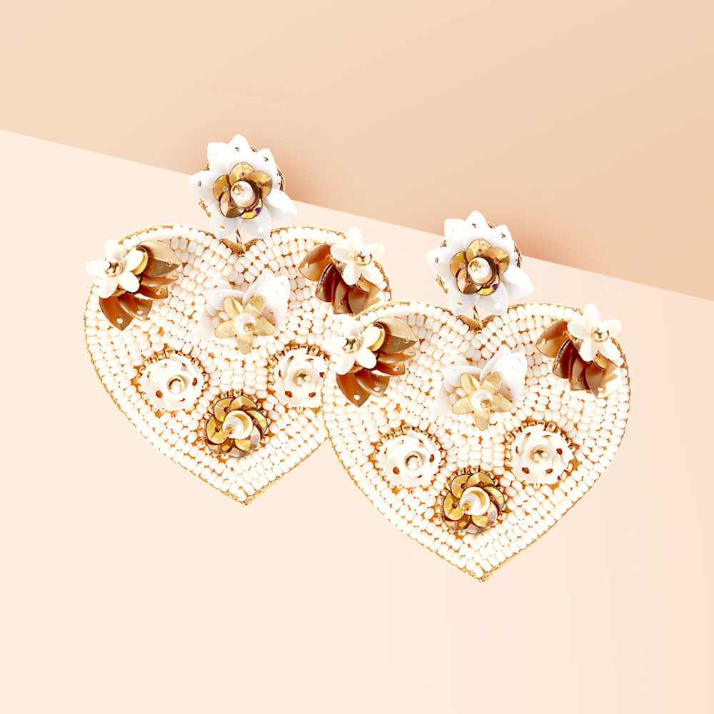 Felt Back Flower Pointed Seed Beaded Heart Dangle Earrings - Ivory - Earrings