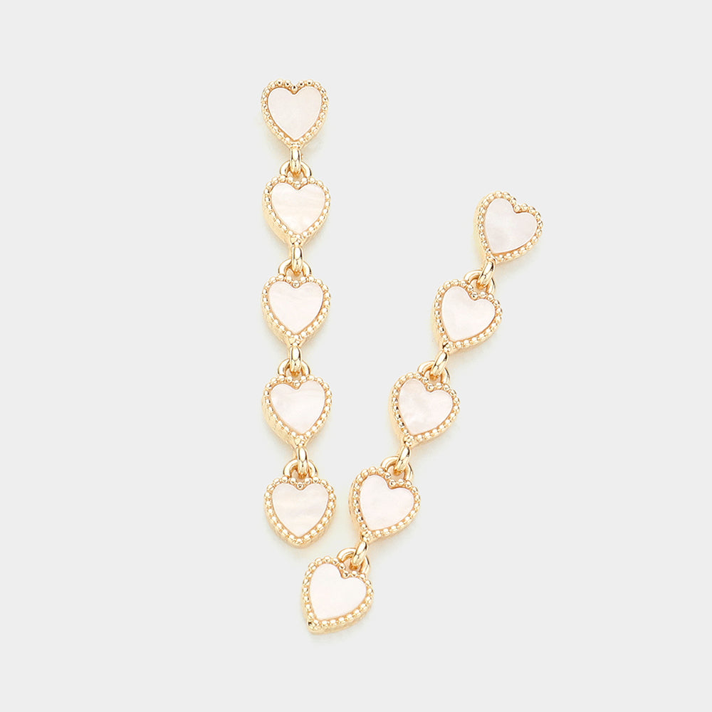 Pearl Heart Pendant Link Dropdown Earrings - Cream Gold - Earrings