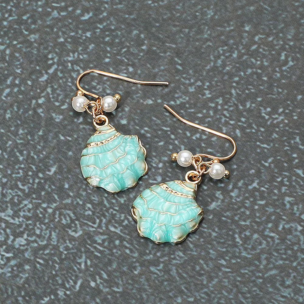 Blue, Gold Enamel Seashell Pearl Dangle Earrings