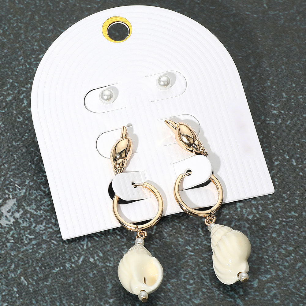Madeline Love Gold, White 3Pairs - Pearl Metal Conch Shell Stud Ceramic Dangle Earring Set - Earrings