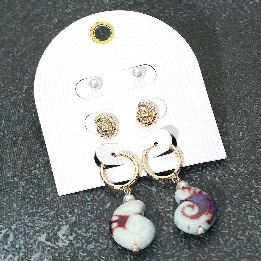 Madeline Love Gold, Turquoise 3Pairs - Pearl Metal Swirl Shell Stud Ceramic Dangle Earring Set - Earrings