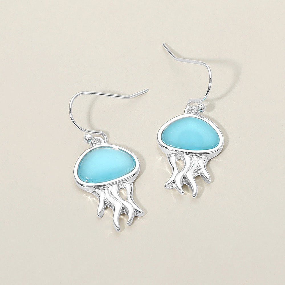 Madeline Love Blue, Silver Sea Glass Jellyfish Charm Drop Dangle Earrings