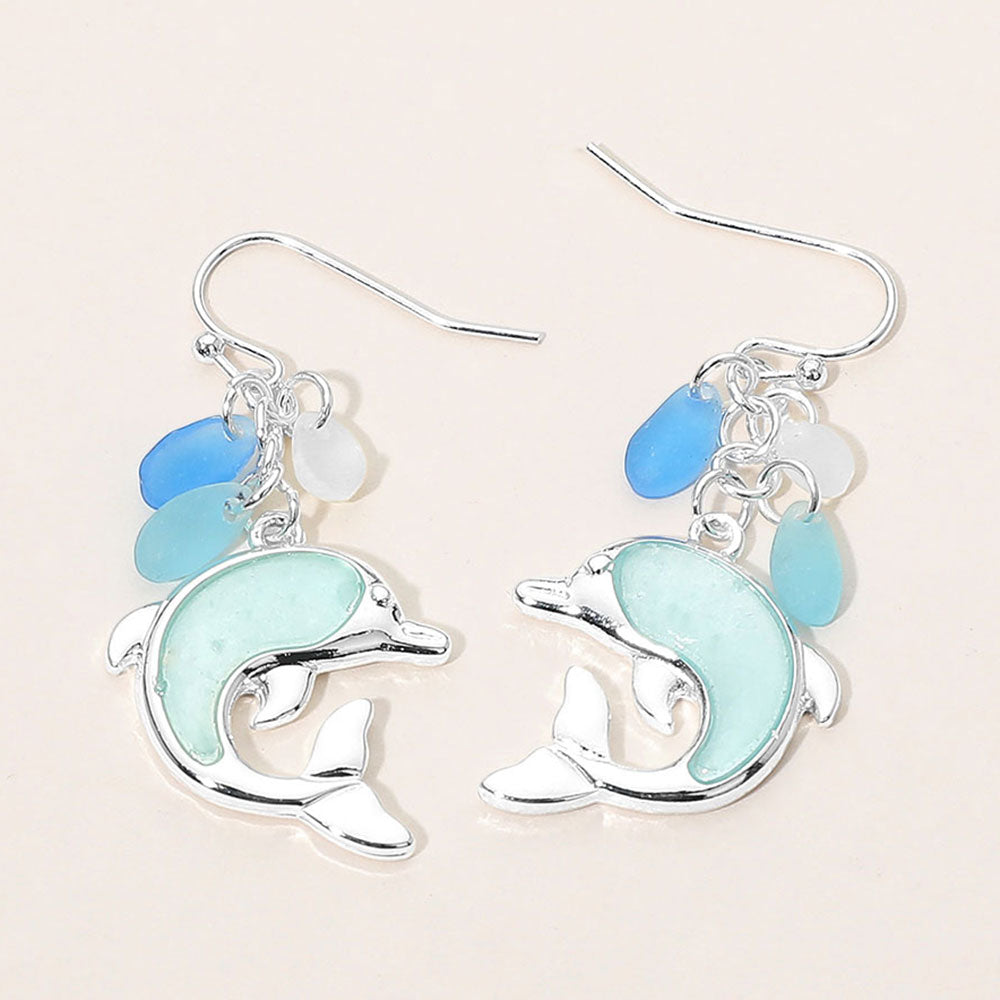 Madeline Love Blue, Silver Sea Glass Dolphin Drop Dangle Earrings