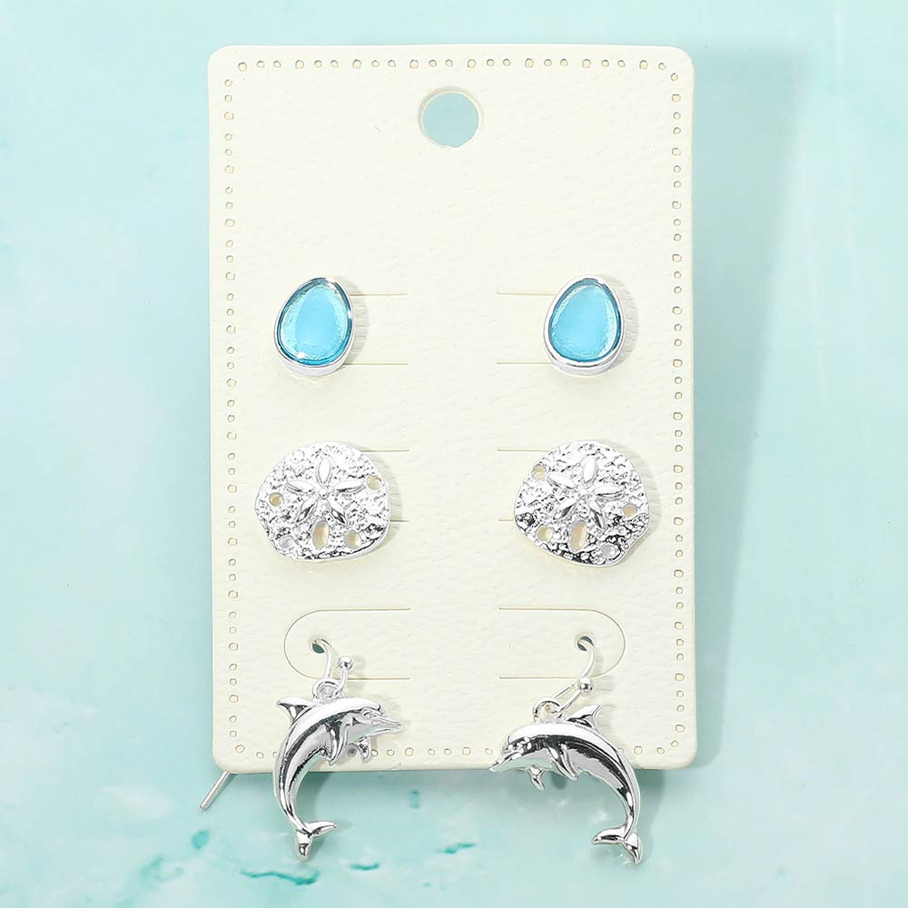 Madeline Love Antique Silver, Blue 3Pairs - Sea Glass Sand Dollar Dolphin Earring Set - Earrings