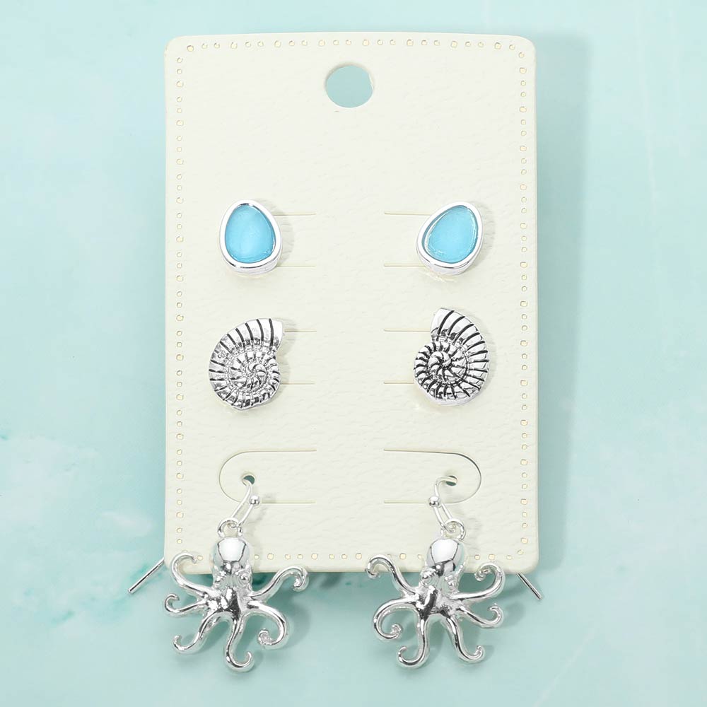 Madeline Love Antique Silver, Blue 3Pairs - Sea Glass Swirl Shell Octopus Earring Set - Earrings