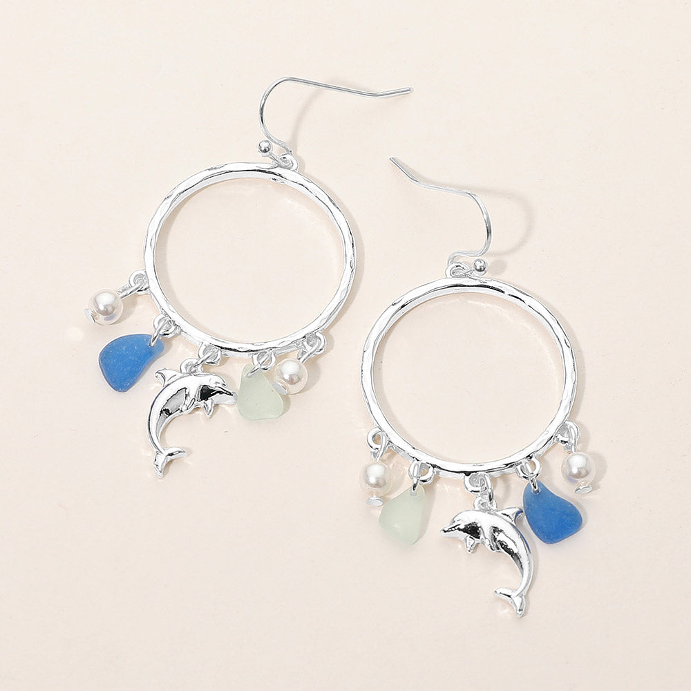 Madeline Love Antique Silver, Blue Dolphin Sea Glass Charm Drop Open Ring Dangle Earrings