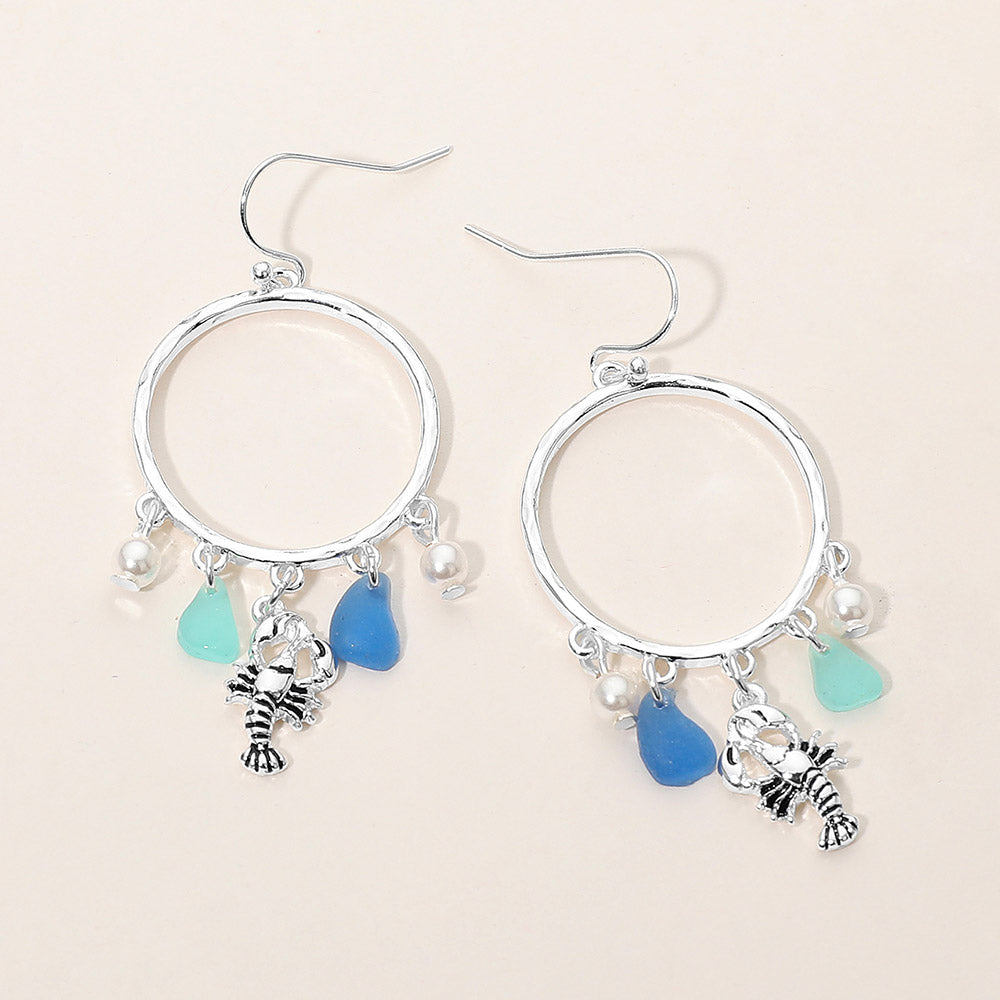 Madeline Love Antique Silver, Blue Lobster Sea Glass Charm Drop Open Ring Dangle Earrings