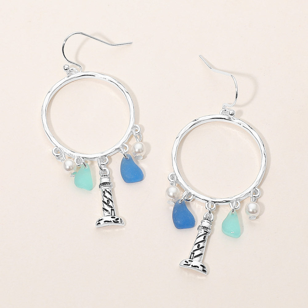 Madeline Love Antique Silver, Blue Lighthouse Sea Glass Charm Drop Open Ring Dangle Earrings