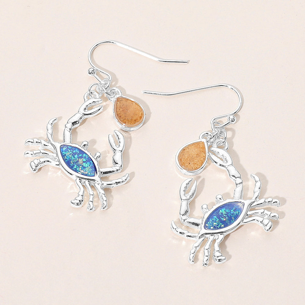 Madeline Love Blue, Silver Crab Teardrop Charm Drop Dangle Earrings