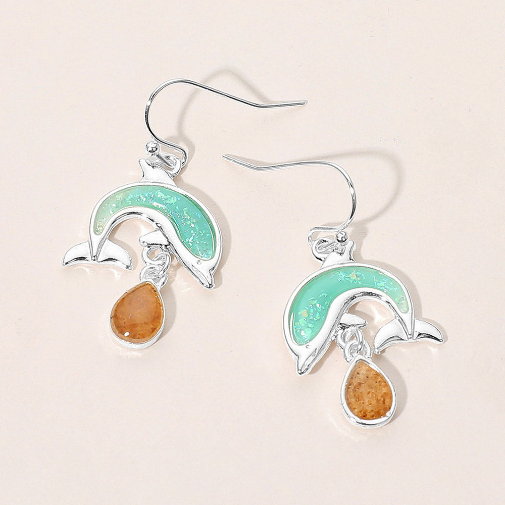 Madeline Love Mint, Silver Dolphin Teardrop Charm Dangle Earrings