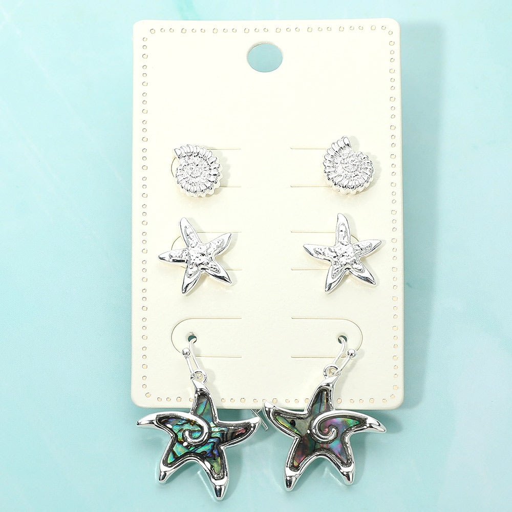 Madeline Love Abalone, Silver 3Pairs - Metal Shell Starfish Stud Abalone Starfish Drop Dangle Earring Set - Earrings