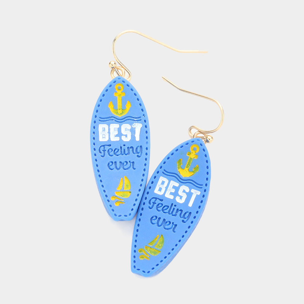 Madeline Love Blue Polymer Clay Best Feeling Ever Message Anchor Ship Detailed Surfboard Dangle Earrings