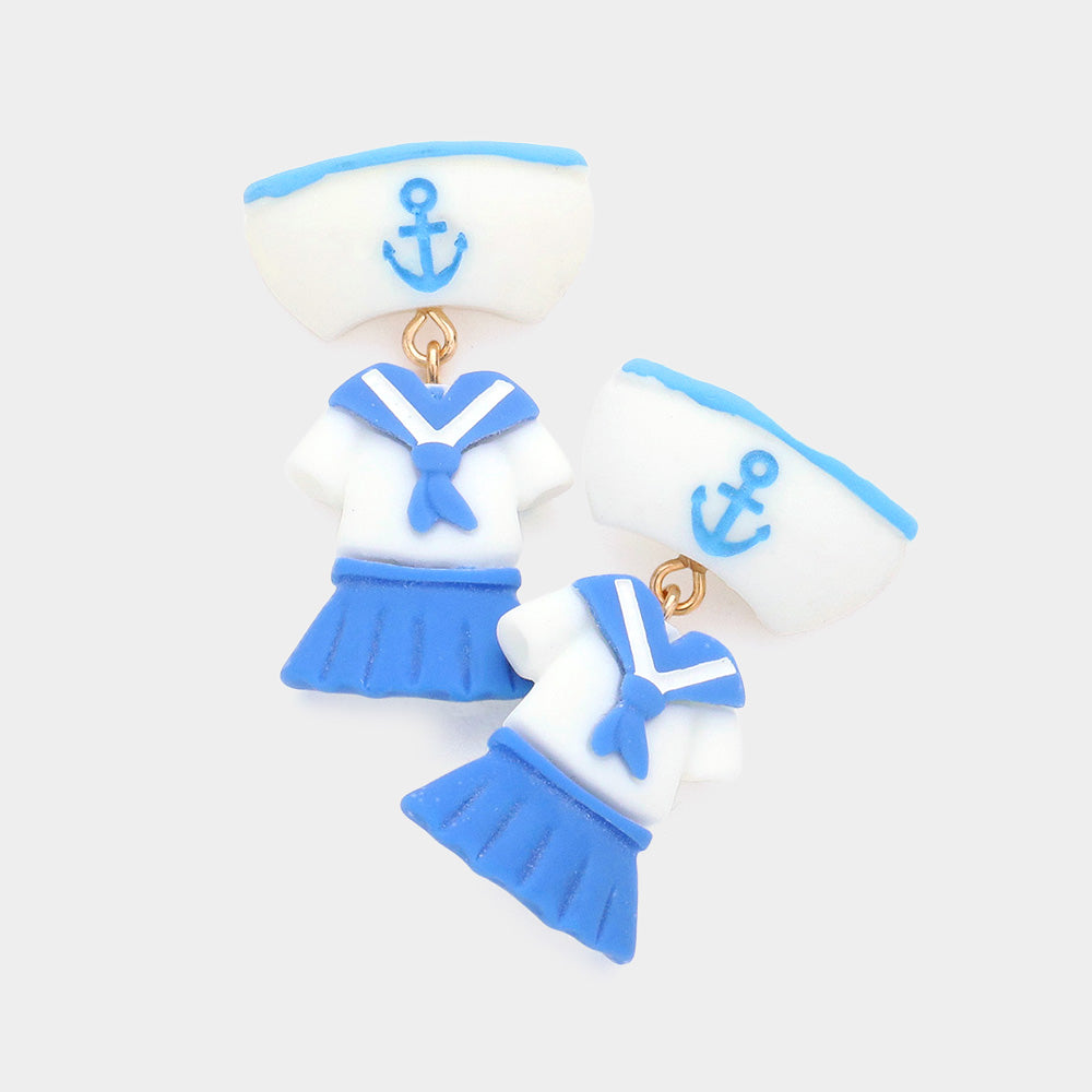 Madeline Love Blue Polymer Clay Anchor Detail Hat Clothes Link Dangle Earrings
