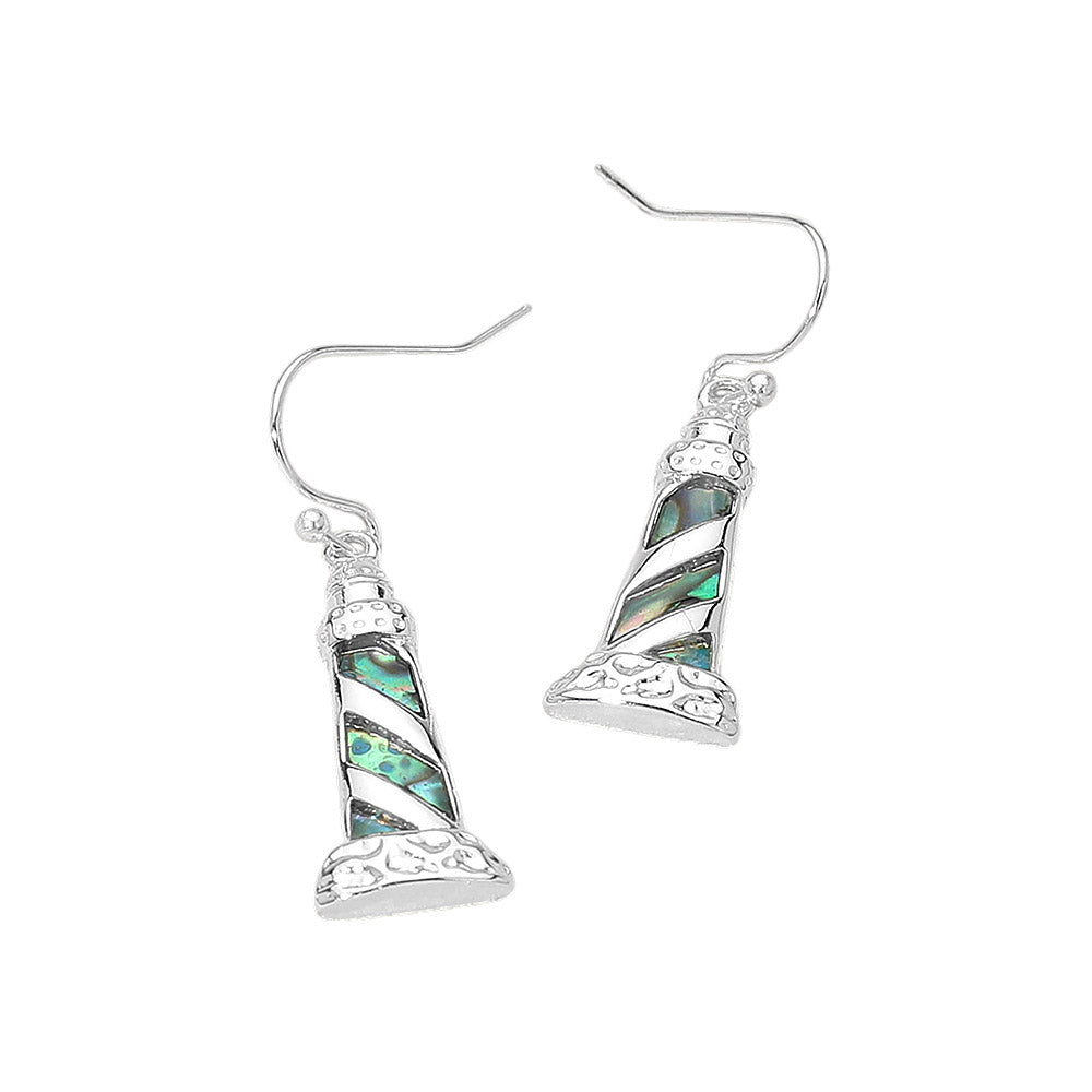 Madeline Love Abalone, Silver Abalone Lighthouse Charm Drop Earrings - desc
