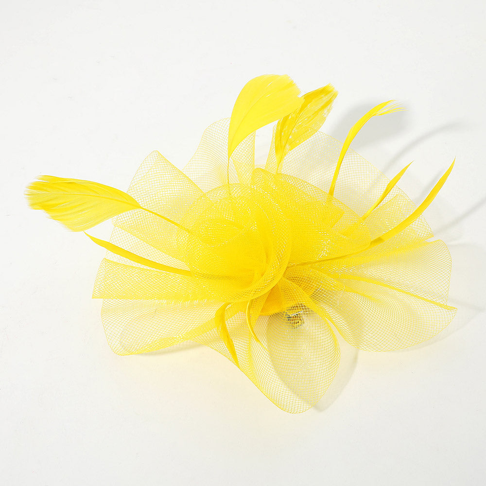 Madeline Love Yellow Mesh Flower Feather Mesh Fascinator / Headband - Hair Accessories
