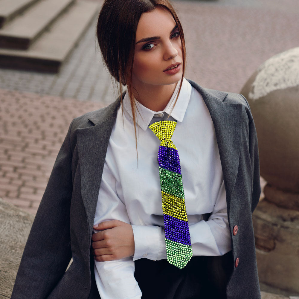 Black, Green, Purple , Yellow Mardi Gras Bling Studded Statement Tie Necklace
