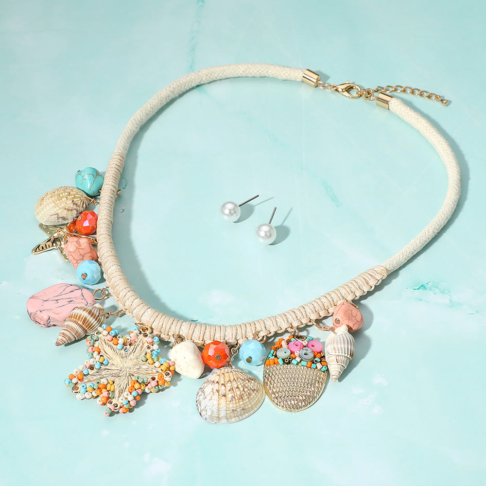 Madeline Love Gold Boho Beaded Starfish Seashell Faceted Beads Charm Threaded Statement Necklace - Necklaces