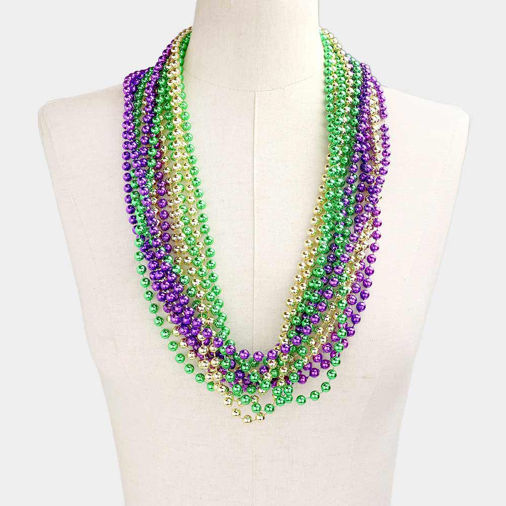 Multi 12PCS - Assorted Color Mardi Gras Beaded Necklaces