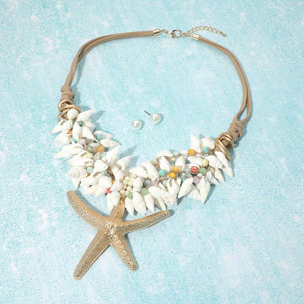 Madeline Love Gold Bold Starfish Pendant Accent Shell Beaded Cord Statement Necklace - Necklaces