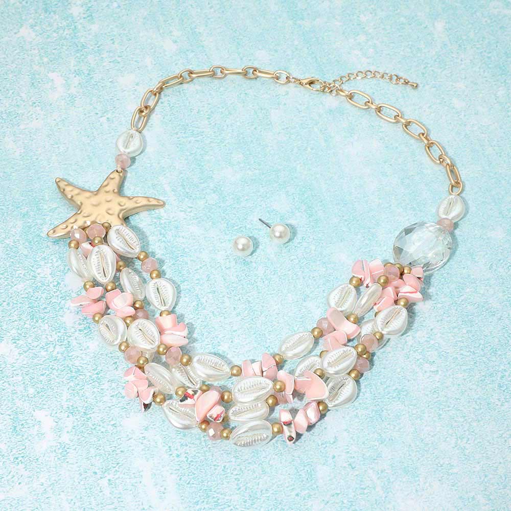 Madeline Love Pink Bold Starfish Charm Pearl Shell Beaded Layered Statement Necklace - Necklaces