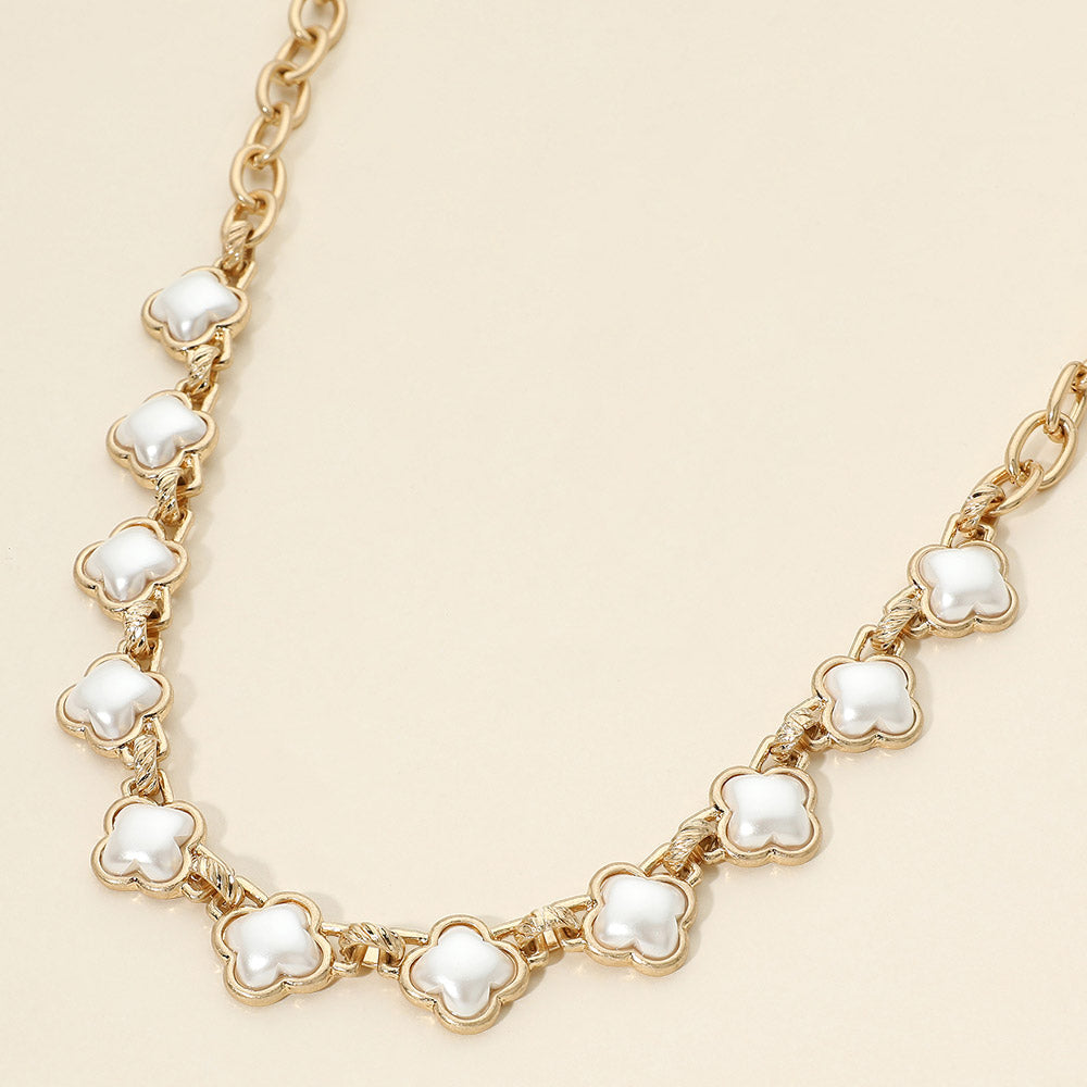 Madeline Love Cream, Worn Gold Bold Quatrefoil Pearl Stone Link Necklace