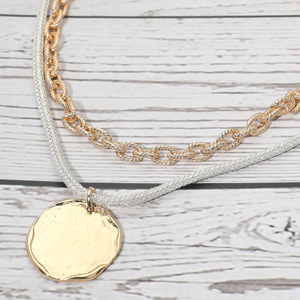 Madeline Love Gold Hammered Metal Coin Pendant Sparkle Chunky Thread Textured Metal Chain Layered Necklace