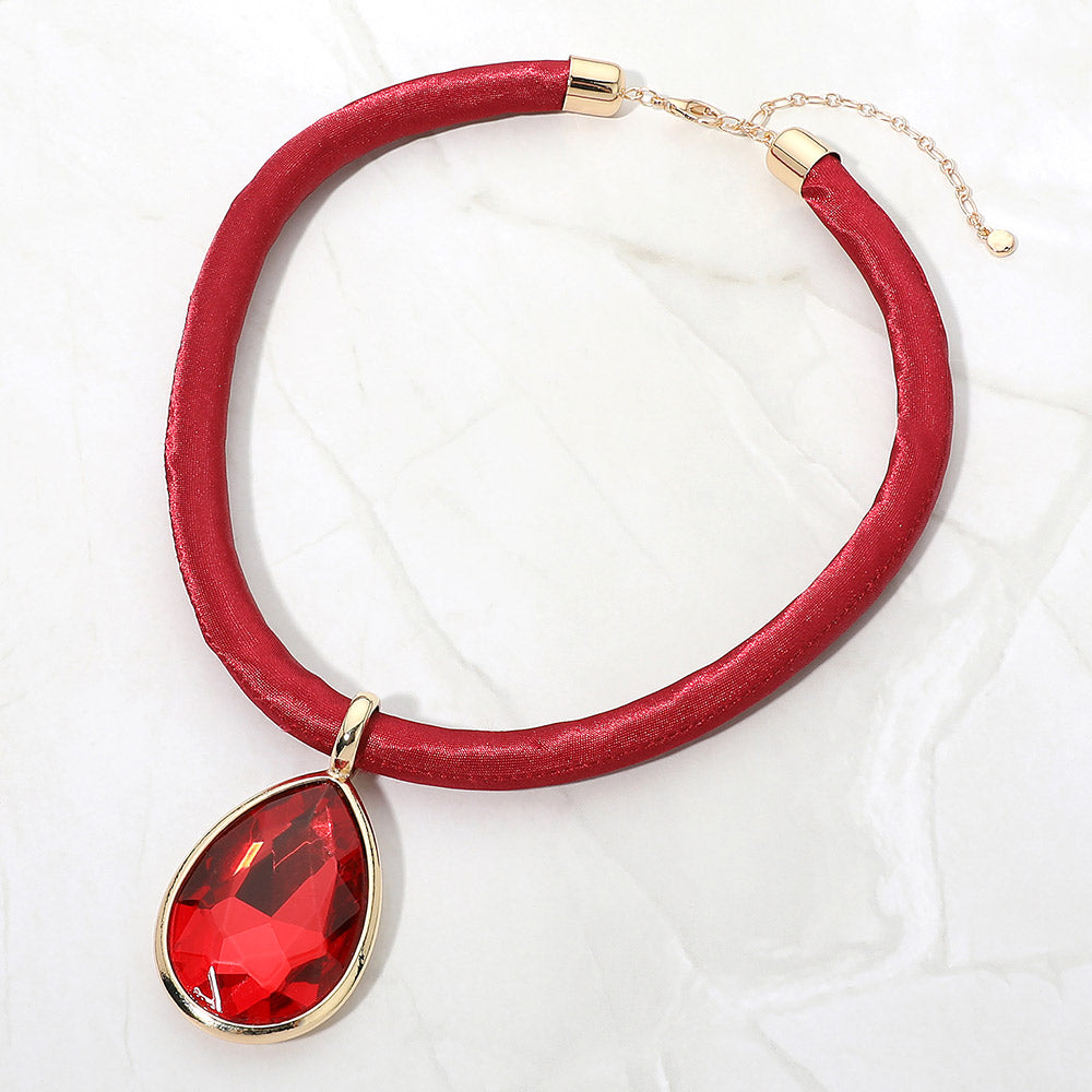 Madeline Love Wine Bold Faceted Teardrop Pendant Fabric Chunky Necklace