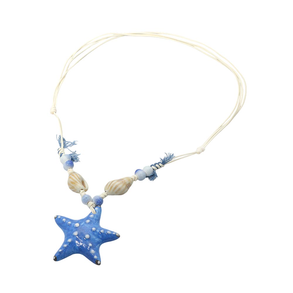Madeline Love Blue Starfish Pendant Accent Shell Beaded Adjustable Cord Necklace - Necklaces - desc