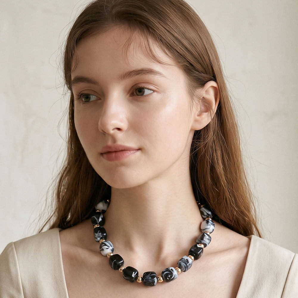 Madeline Love Black, Gold Chunky Pebble Beaded Statement Necklace
