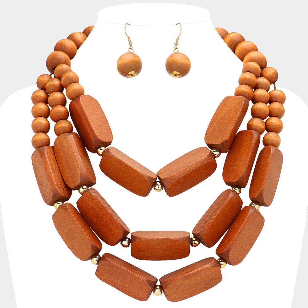 Madeline Love Brown, Gold Abstract Wooden Triple Layered Statement Necklace - Necklaces