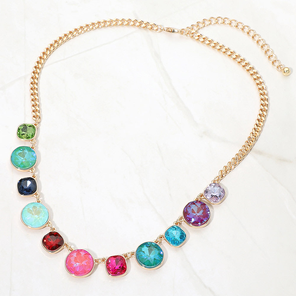 Madeline Love Gold, Multi Multicolor Round Cushion Stone Charm Along Necklace