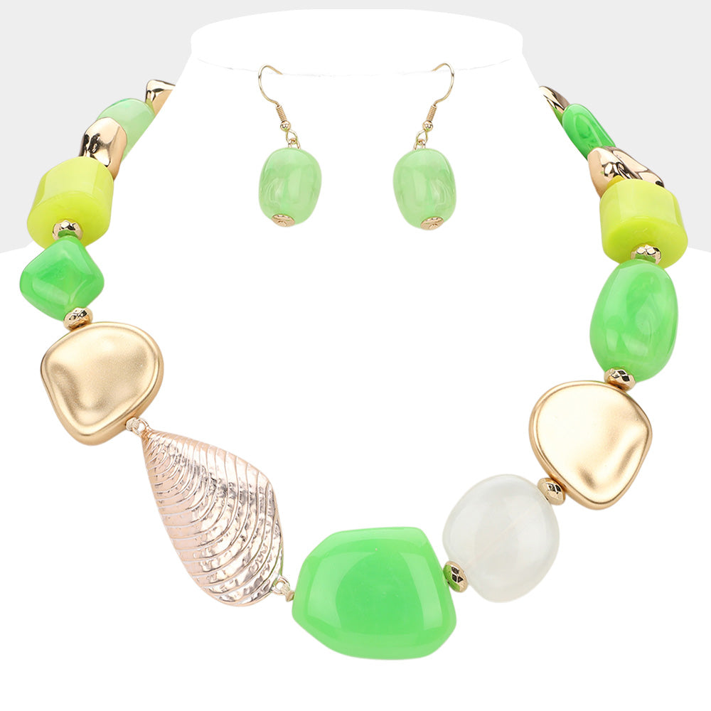 Madeline Love Gold, Green Metal Shell Pointed Resin Pebble Beaded Statement Necklace - Necklaces