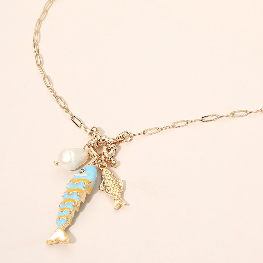 Madeline Love Turquoise Pearl Fish Charm Pendant Necklace - Necklaces