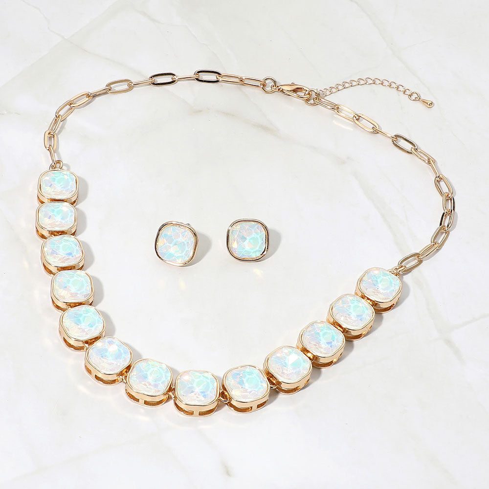 Madeline Love Gold, Opal, White Faceted Square Stone Cluster Link Statement Necklace