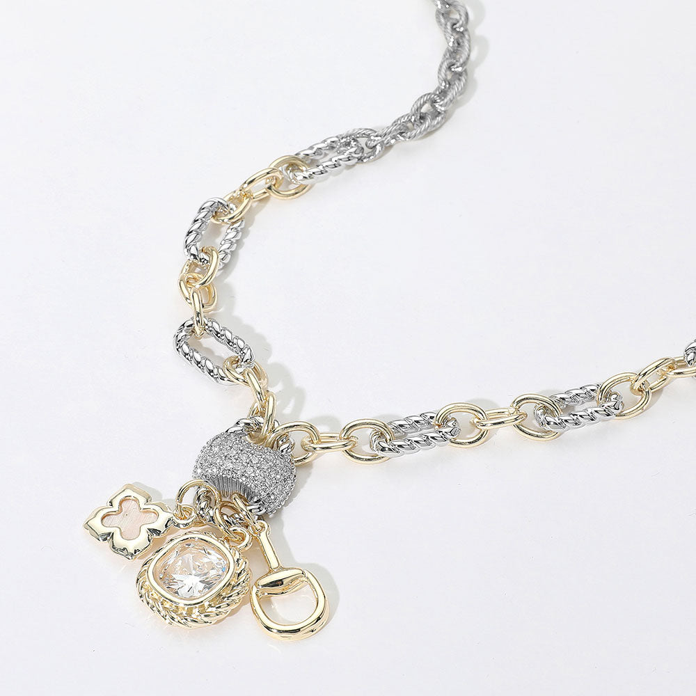 Madeline Love Two Tone 14K Gold Plated Two Tone CZ Stone Paved Cluster Accent Open Clover Stone Cluster Horsebit Charm Pendant Necklace