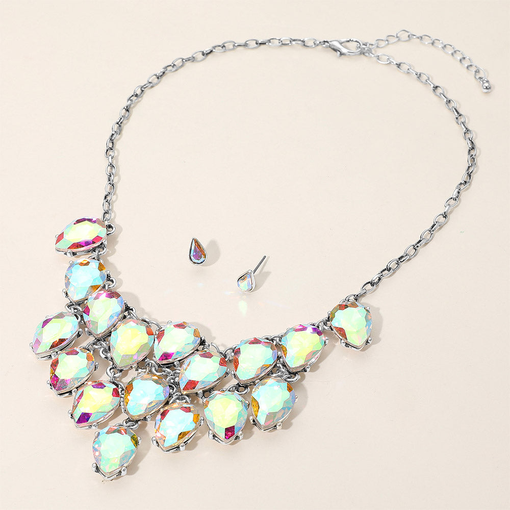 Madeline Love AB, Silver Burnished Iridescent Teardrop Cluster Statement Necklace