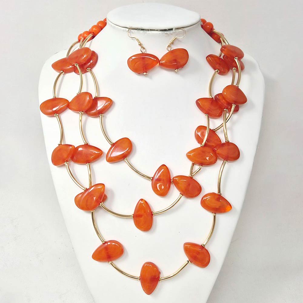 Madeline Love Gold, Orange Resin Pebble Curved Bar Beaded Layered Statement Necklace - Necklaces - extra