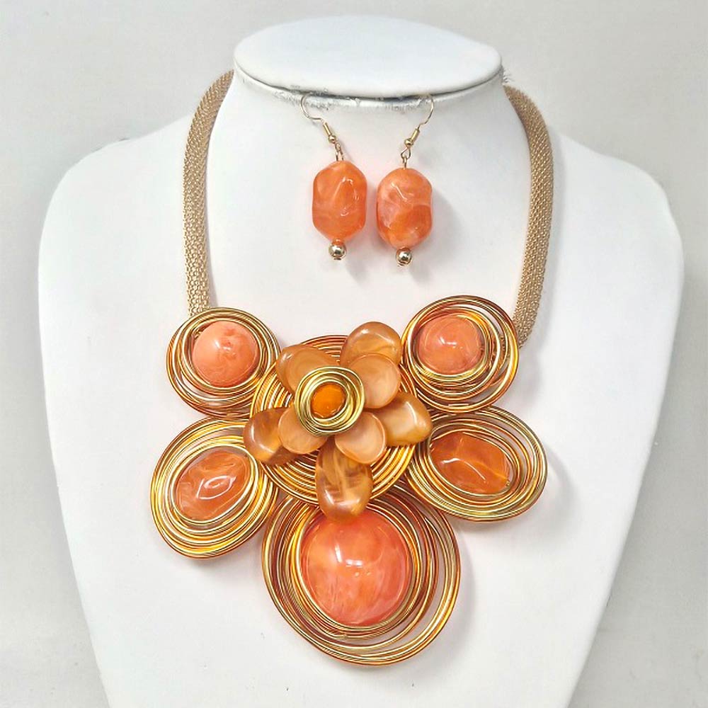 Madeline Love Gold, Orange Bold Floral Stone Center Wired Resin Embellished Pendant Statement Necklace - Necklaces - extra