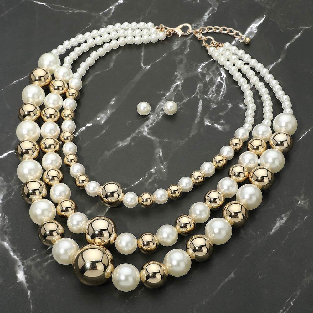 Madeline Love Cream, Gold Bold Layered Pearl Metal Ball Beaded Statement Necklace
