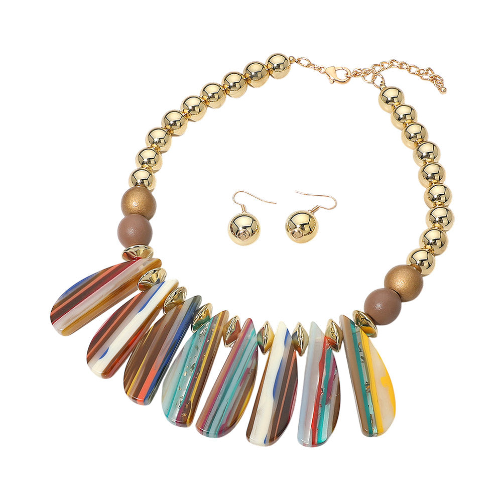 Madeline Love Gold Bold Multicolor Resin Long Teardrop Beaded Statement Necklace - Necklaces - desc