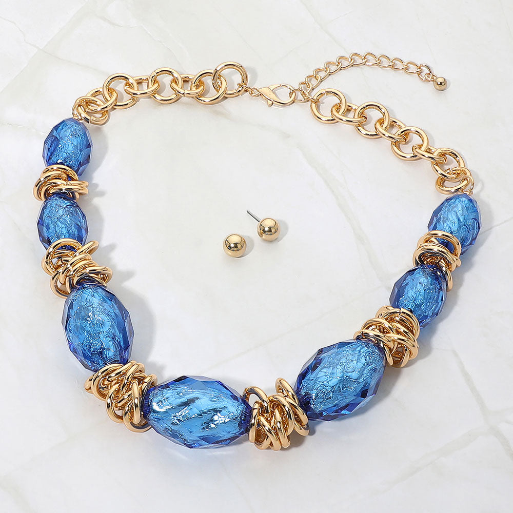 Madeline Love Gold, Royal Blue Chunky Faceted Organic Shape Beaded Statement Necklace