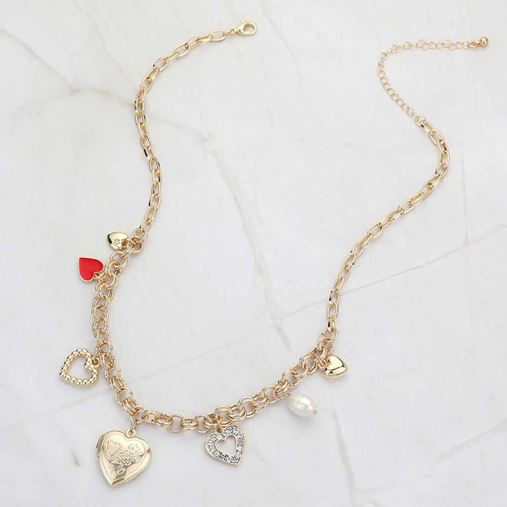 Enamel Stone Paved Metal Heart Pearl Charm Station Necklace