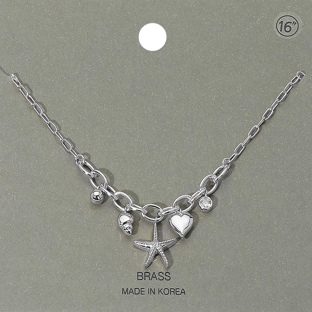 Clear, Silver Starfish Heart Shell Stone Bezel Charm Station Paperclip Chain Necklace