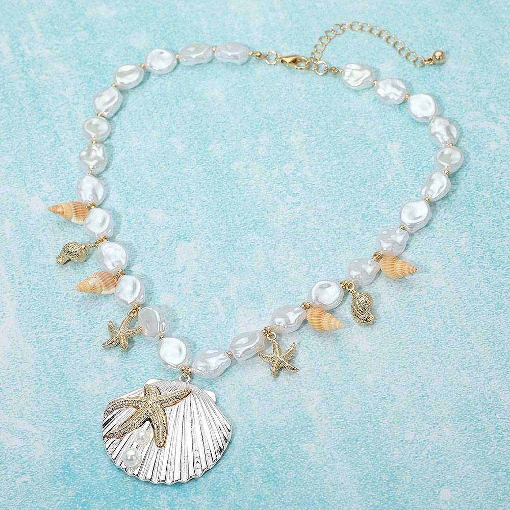Madeline Love Gold, Light Blue Two Tone Starfish Embossed Seashell Pendant Charm Embellished Pearl Beaded Necklace - Necklaces