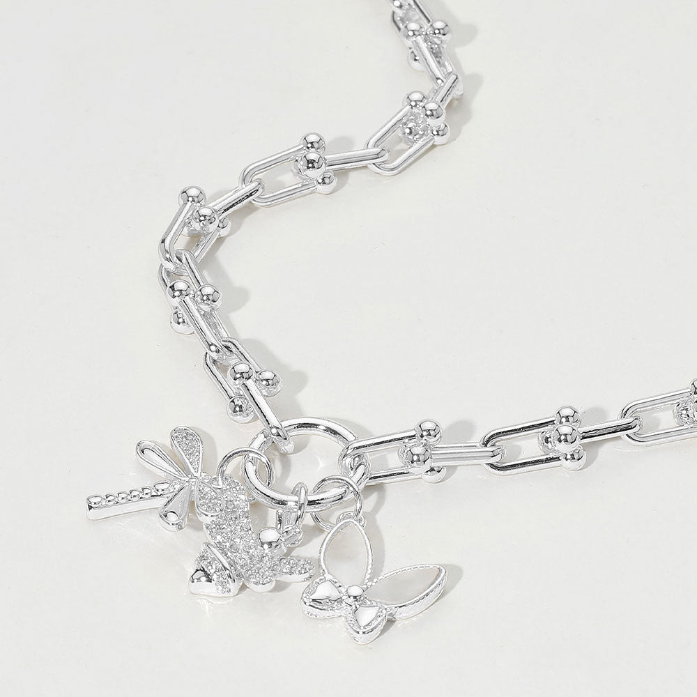 Madeline Love Mother of Pearl, Rhodium 14K Gold Plated CZ Stone Paved Dragonfly Honey Bee Mother of Pearl Butterfly Charm Pendant Chunky Industrial Chain Necklace
